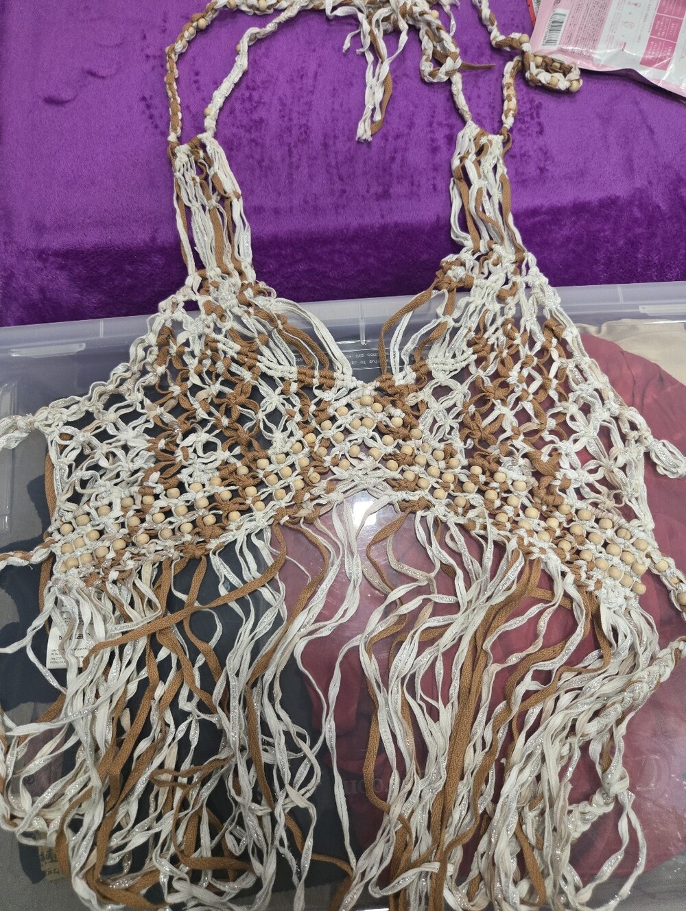 Bali Macrame Coral Boho Crochet Fringe Halter Top in Cream and Brown Nwt XL Fp